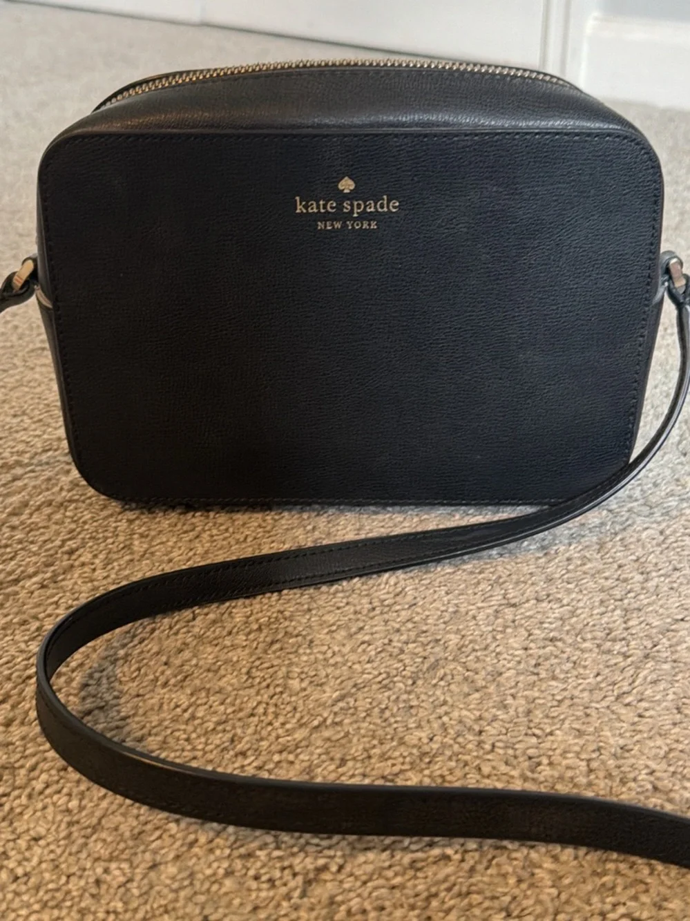 Kate Spade Black Leather Crossbody Camera Bag with Gold Logo